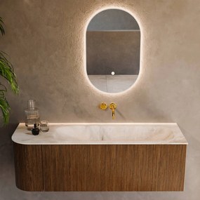 Mondiaz Kurve-dlux 135cm badmeubel ronding links dusk met 1 lade en deur en wastafel big medium rechts zonder kraangat frappe