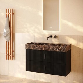 Muebles Murcia badmeubel ribbelfront 100cm zwart mat met Dark Emperador wastafel zonder kraangat