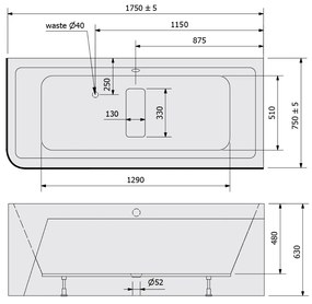 Polysan Marlene Curve ligbad rechts 175x75x63cm wit