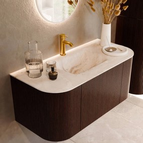 Mondiaz Kurve-dlux 100cm badmeubel ronding links/rechts ruby met 1 lade en 2 deuren en wastafel grunne midden 1 kraangat frappe