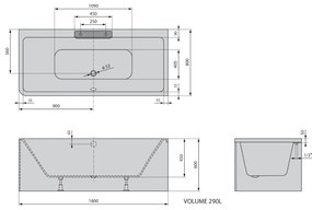 Polysan Monolith Cascata rechts half vrijstaand bad met witte waterval uitloop 180x80cm