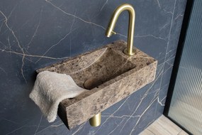 Saniclear Dark Emperador fonteinset met gebogen kraan in geborsteld messing