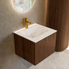 Mondiaz Kurve-dlux 50cm badmeubel walnut met 1 lade en wastafel grunne midden 1 kraangat frappe