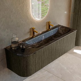 Mondiaz Kurve-dlux 145cm badmeubel ronding links shadow met 1 lade en deur en wastafel big large rechts 2 kraangaten lava