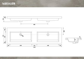 Brauer Solar Medium dubbele wastafel mineraalmarmer 160cm zonder kraangaten wit mat