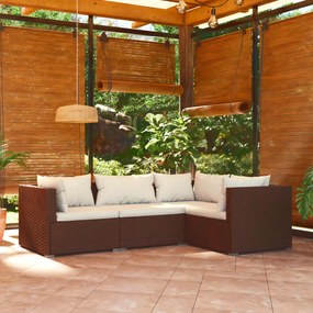 vidaXL 4-delige Loungeset met kussens poly rattan bruin