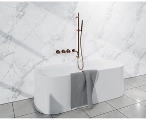 Fortifura Nebbio Badcombinatie-set - thermostaatkraan - glijstang met geïntegreerde wandaansluitbocht - metalen doucheslang - staaf handdouche - uitloop - geborsteld koper PVD (koper) SW1183069 SW1111533 SW970048 SW970046 SW1183076 SW