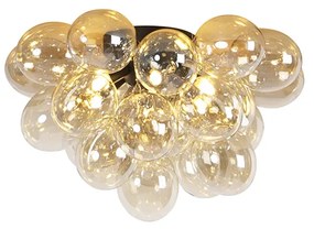 Design plafondlamp zwart met amber glas 6-lichts - Uvas Art Deco, Design G9 bol / globe / rond Binnenverlichting Lamp