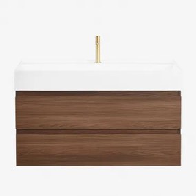 Ona Zwevend Badkamermeubelset Van Hout En Essenfineer Met Geïntegreerde Wastafel Donker Hout & Spiegelloze & Geborsteld Goudkleurig - Sklum