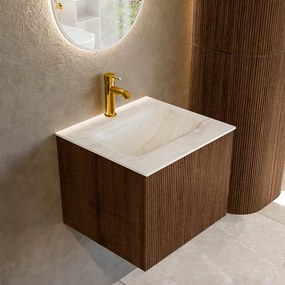 Mondiaz Kurve-dlux 50cm badmeubel walnut met 1 lade en wastafel grunne midden 1 kraangat ostra