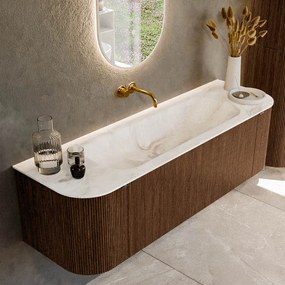 Mondiaz Kurve-dlux 150cm badmeubel ronding links/rechts walnut met 1 lade en 2 deuren en wastafel big medium midden zonder kraangat frappe