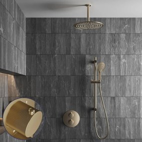 Saniclear Brass Stripes inbouw regendouche rond met 30cm hoofddouche, plafondarm, 2 standen handdouche en glijstang geborsteld messing - mat goud