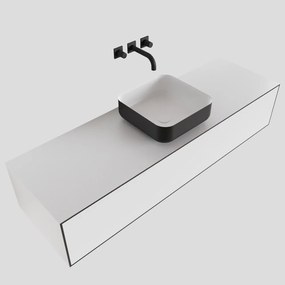 Zaro Lagom volledig naadloos solid surface onderkast met topblad 150cm mat zwart met 1 lades Push tot open. Compleet met solid surface opzetkom met 0 kraangat(en)