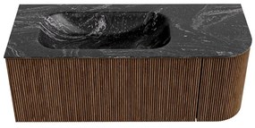 Mondiaz Kurve-dlux 115cm badmeubel ronding rechts walnut met 1 lade en deur en wastafel big small links zonder kraangat lava