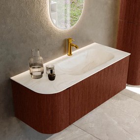 Mondiaz Kurve-dlux 115cm badmeubel ronding links ruby met 1 lade en deur en wastafel big small kraangat rechts ostra
