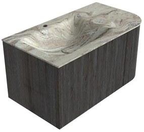Mondiaz Kurve-dlux 85cm badmeubel ronding rechts shadow met 1 lade en deur en wastafel cloud kraangat links glace