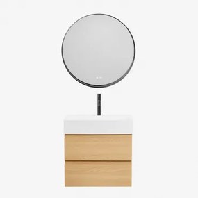 Badkamermeubelset Van Hout En Essenhoutfineer Met Geïntegreerde Wastafel Ona Natuurlijk Hout & Round Led And Antifog Zwart Ø80 Cm - Sklum
