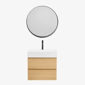 Badkamermeubelset Van Hout En Essenhoutfineer Met Geïntegreerde Wastafel Ona Natuurlijk Hout & Round Led And Antifog Zwart Ø80 Cm - Sklum