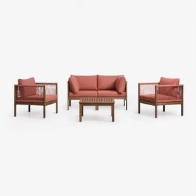 Woonkamerset Met 2-delige Modulaire Bank Met Armleuningen, 2 Fauteuils En Salontafel In Branson Acaciahout Terracotta - Acaciabruin - Sklum