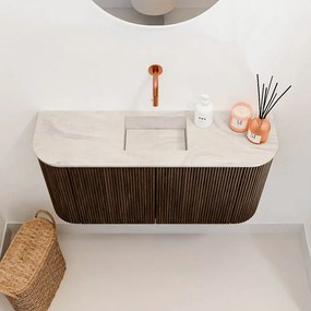 Mondiaz Joya DLux 85cm toiletmeubel ronding links/rechts walnut met wastafel faye midden zonder kraangat ostra