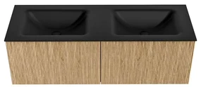 Mondiaz Kurve 130cm badmeubel oak met 2 lades en wastafel cloud dubbel 2 kraangaten urban