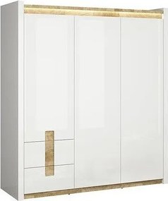 Kledingkast Cirevai 118, Westminster eik, Glanzend wit, 202x180x60cm, 138 kg, Kledingkast deuren: Met scharnieren, Aantal planken: 5, Aantal planken: 5