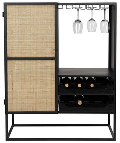 Wijnkast Japandi Zwart Met Rotan - 80x38x100cm.