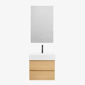 Badkamermeubelset Van Hout En Essenhoutfineer Met Geïntegreerde Wastafel Ona Natuurlijk Hout & Rectangular Led And Antifog 60x90 Cm - Sklum