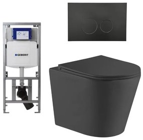 QeramiQ Dely Toiletset - 36.3x51.7cm - diepspoel - rimless - Geberit UP320 Burda inbouwreservoir - softclose toiletzitting - mat zwarte bedieningsplaat - ronde knoppen - zwart mat SW1026253/0701131/SW706192/SW1000768