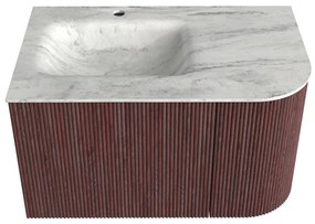 Mondiaz Kurve-dlux 75cm badmeubel ronding rechts ruby met 1 lade en deur en wastafel grunne kraangat links opalo
