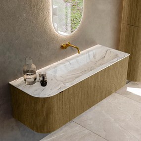 Mondiaz Kurve-dlux 135cm badmeubel ronding links dusk met 1 lade en deur en wastafel big medium rechts zonder kraangat glace