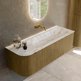Mondiaz Kurve-dlux 135cm badmeubel ronding links dusk met 1 lade en deur en wastafel big medium rechts zonder kraangat glace