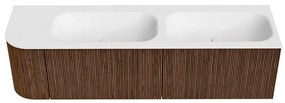 Mondiaz Kurve 165cm badmeubel ronding links walnut met 2 lades en 1 deur en wastafel big small dubbel/rechts 2 kraangaten