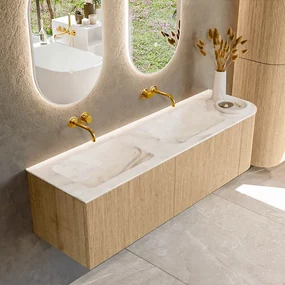 Mondiaz Kurve-dlux 155cm badmeubel ronding rechts oak met 2 lades en 1 deur en wastafel leaf dubbel/links zonder kraangat frappe