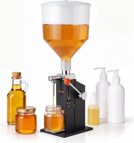 VEVOR handmatige vulmachine voor vloeistoffen van 5-60 ml met een reservoir van 10 liter, geschikt voor dranken, olie, honing, shampoo en lotion. De machine heeft een behuizing van koolstofstaal, een druppelvrije spuitmond en een verstelbare flessenhouder