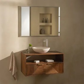 Baty Mangohouten Badkamermeubelset Mangohout & Rond Cement Wit Ø40 Cm Zavion & Rechthoekige Led En Anticondens 100x70 Cm Riben & Wit - Sklum