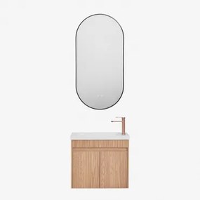 Narek Zwevend Houten Badkamermeubelset Met Geïntegreerde Wastafel Ash Brown & Ovale Led En Anticondens Zwart 50x100 Cm - Sklum