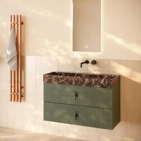 Muebles Murcia badmeubel ribbelfront 100cm legergroen met Dark Emperador wastafel zonder kraangat