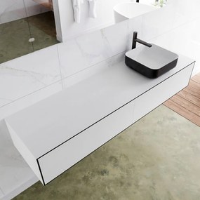 Zaro Lagom volledig naadloos solid surface onderkast met topblad 170cm mat zwart met 2 lades Push tot open. Compleet met solid surface opzetkom met 1 kraangat(en)