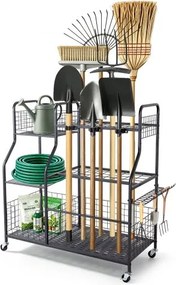 VEVOR Tuingereedschapsrek 1050x435x1005mm Gereedschapshouder met wielen Zwart, Opbergrek voor garage, schuur of tuin, Stalen organizer voor bezems, met 3 opbergvakken, haken en dubbele sleuven