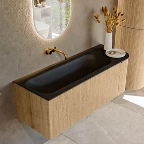 Mondiaz Kurve 125cm badmeubel ronding rechts oak met 1 lade en deur en wastafel big medium links zonder kraangat urban