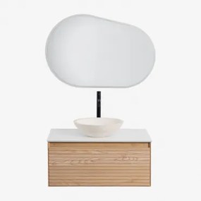 Tedrik Badkamermeubelset In Essenhout Ash Brown & Rond Cement Wit Ø40 Cm Zavion & Ovaal Led En Anticondens 100x65 Cm Meunier & Zwart - Sklum