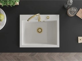 Mexen Elix granieten spoelbak 1-komorige 600 x 500 mm, wit, gouden sifon - 6525601005-20-G