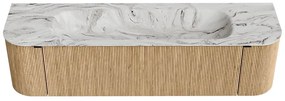 Mondiaz Kurve-dlux 170cm badmeubel ronding links/rechts oak met 1 lade en 2 deuren en wastafel big large midden 2 kraangaten glace
