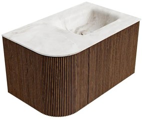 Mondiaz Kurve-dlux 75cm badmeubel ronding links walnut met 1 lade en deur en wastafel grunne rechts zonder kraangat frappe