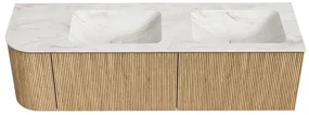 Mondiaz Kurve-dlux 155cm badmeubel ronding links oak met 2 lades en 1 deur en wastafel leaf dubbel/rechts zonder kraangat ostra