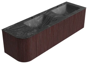 Mondiaz Kurve-dlux 155cm badmeubel ronding links ruby met 2 lades en 1 deur en wastafel leaf dubbel/rechts 2 kraangaten lava