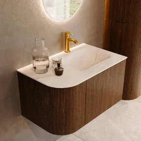 Mondiaz Kurve-dlux 75cm badmeubel ronding links dusk met 1 lade en deur en wastafel grunne kraangat rechts ostra