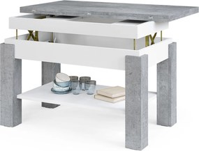 BRAVO beton / wit – uitschuifbare en in hoogte verstelbare salontafel, tafel met plank