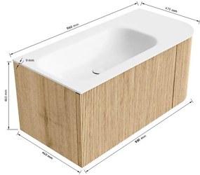 Mondiaz Kurve 95cm badmeubel ronding rechts oak met 1 lade en deur en wastafel big small links zonder kraangat